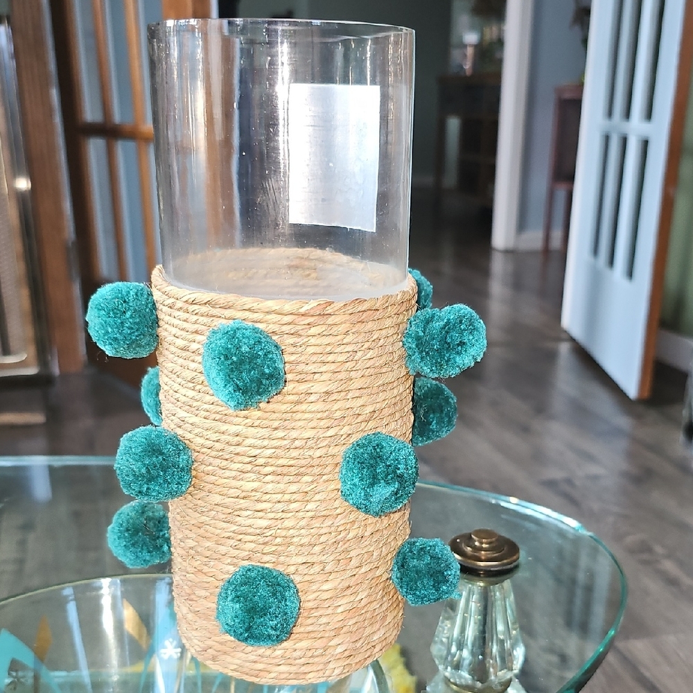 NWT Teal Vase Pom Pom Rope Wrapped  Hobby LOBBY HOME DECOR Bohemian